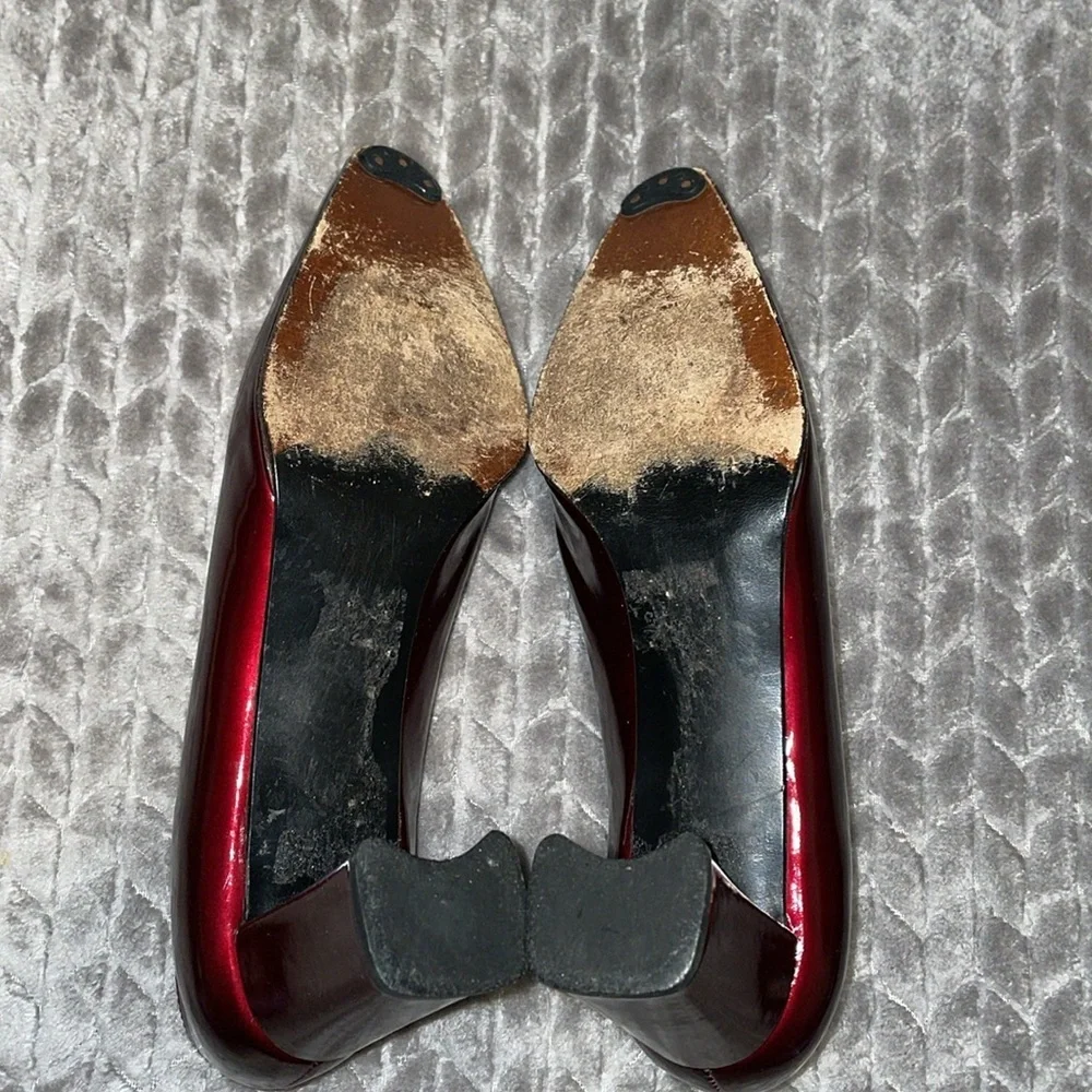 Stuart Weitzman Burgundy Printed Patent Leather Square Toe Pumps. Size 6.5.‎